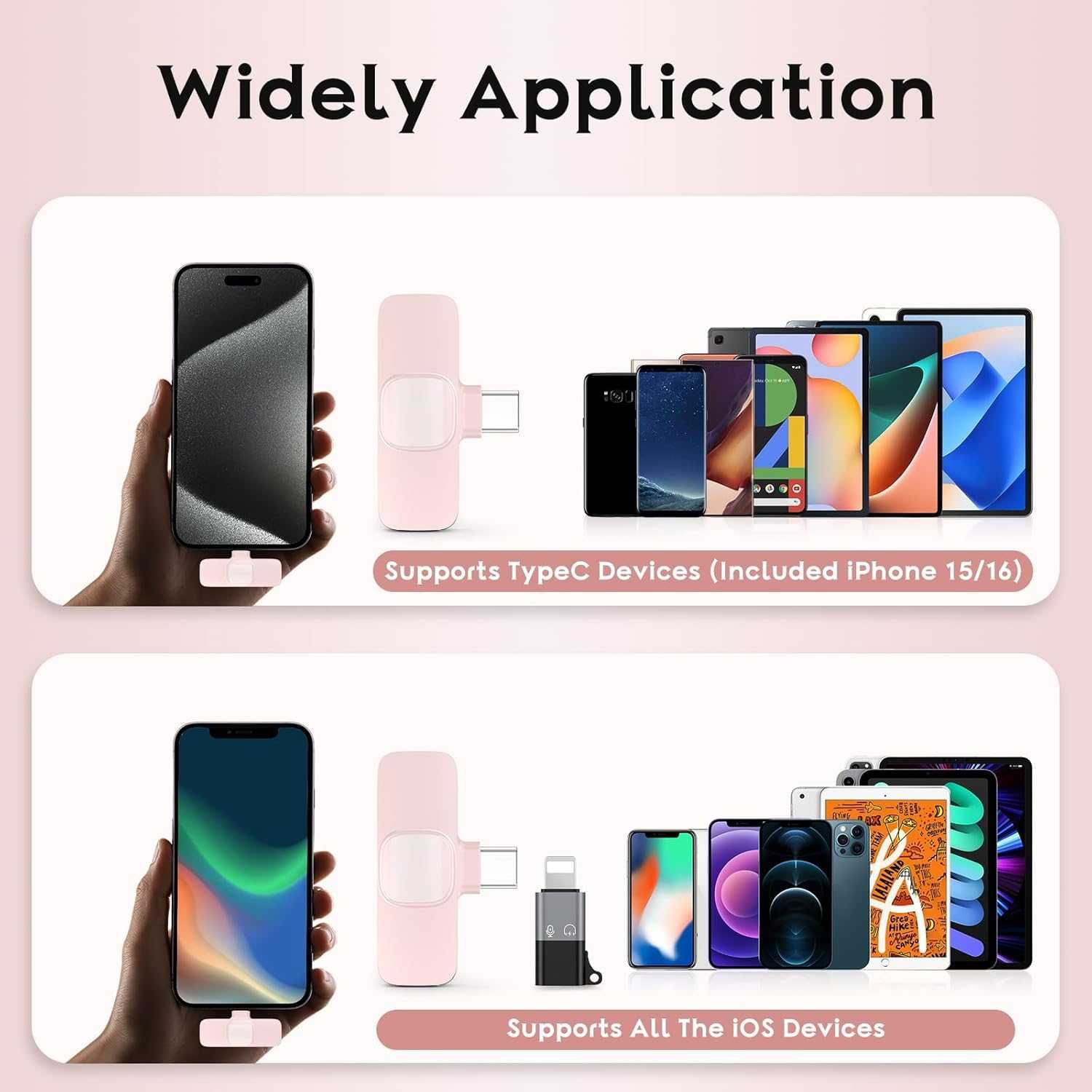 Bezprzewodowy mikrofon Lavalier USB-C + adapter Lightning – Różowy