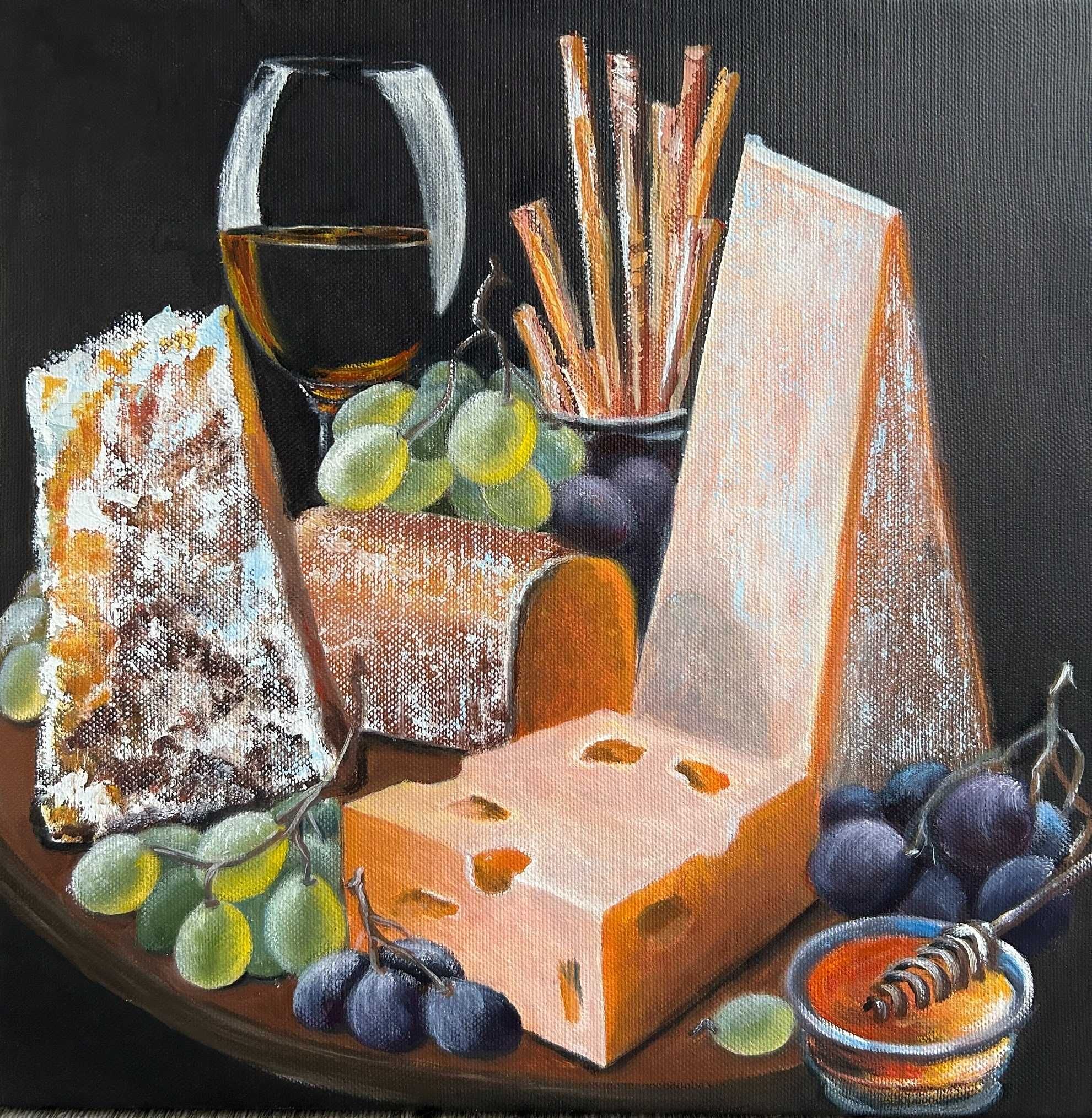 Картина Натюрморт Сыр Вино Сигара Картины для кухни Холст Масло 30*30