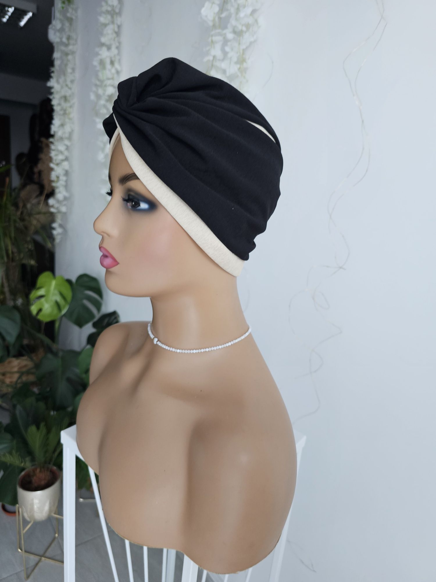 Turban czepek Ola czarny-beż nakrycie głowy podczas leczenia czapka