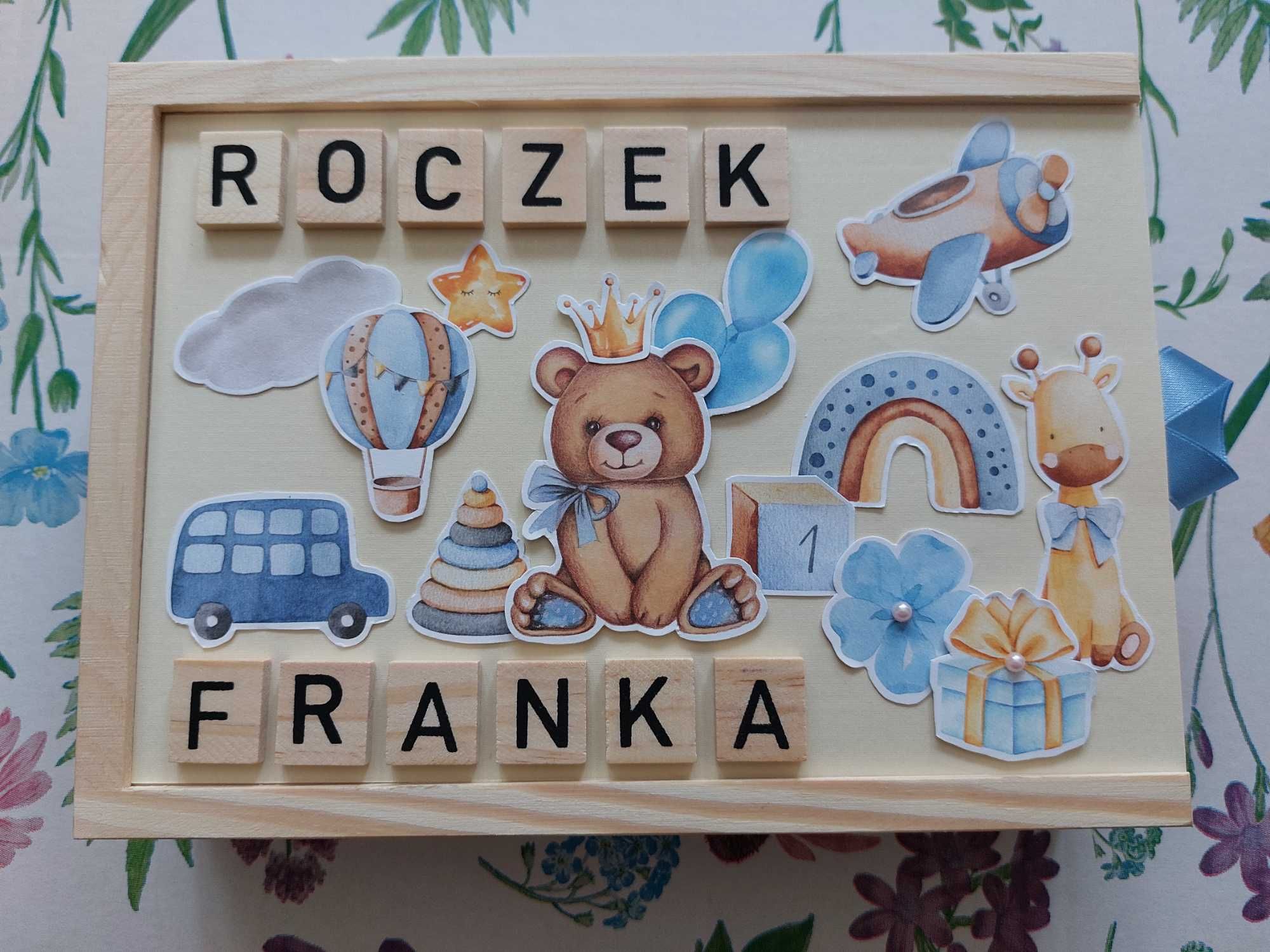 Pudełko sklejka na zdjęcia 13x18 personalizowane roczek Franka kartka