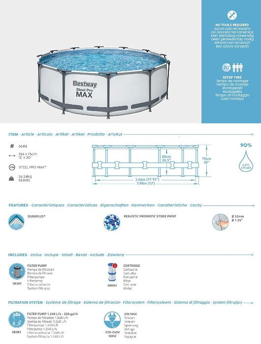 Nowy ZESTAW 19w1 Basen Stelażowy 366x76cm BESTWAY 56416