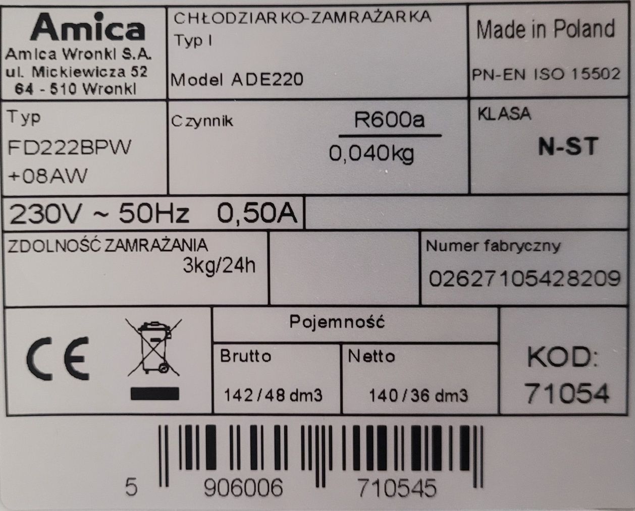 Sprzedam lodówkę Amica