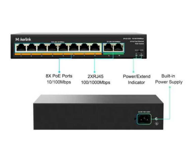 Mokerlink PoE Switch POE-F082G 10-Port Ethernet Switch Com 8-Port Poe