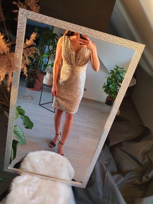 Sukienka złoto wesele cekiny brokat roz.M