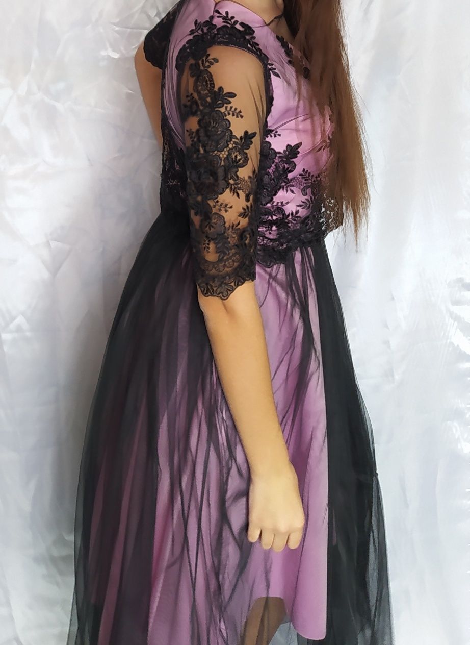 Выпускное вечернее платье в пол/короткое чёрное с розовым