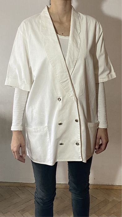 Biały dwurzędowa marynarka bawełna żakiet oversize M L 40