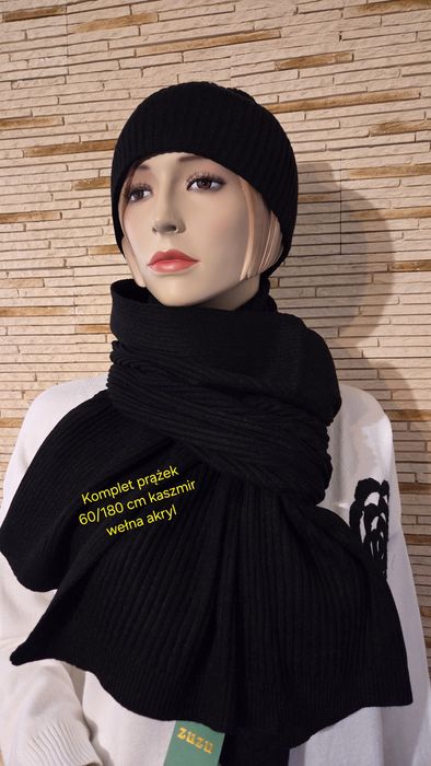 Komplet zimowy unisex czapka szalik prążek super skład kolor czarny