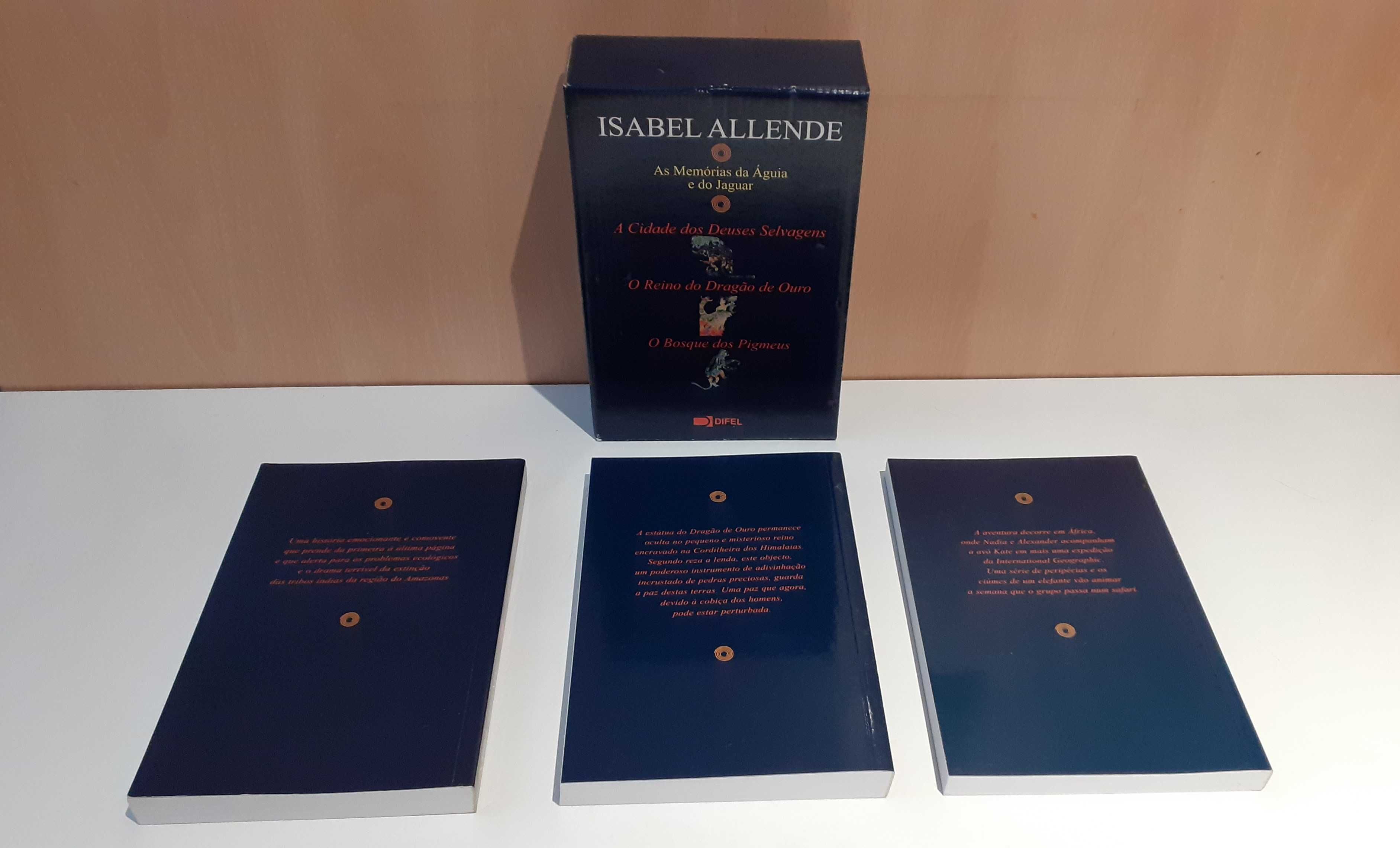 Conjunto de três livros novos de Isabel Allende com caixa arquivadora