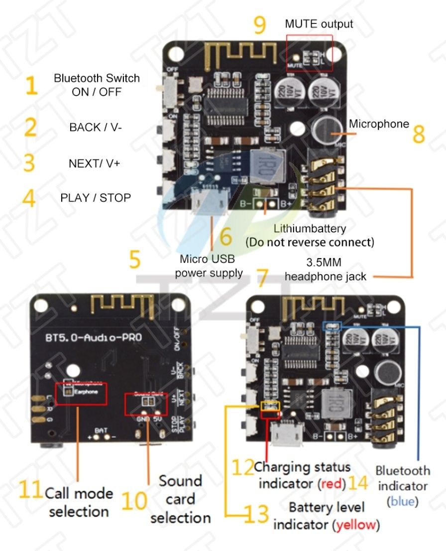 Bluetooth 5,0 MP3 декодер. аудио приемник. AUX. Микрофон.DC 3,7-5V.PRO