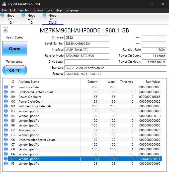 SATA SSD Samsung SM863 960 GB (серверний аналог 850 pro на 3D MLC)