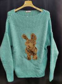 Minouu sweter bluzka kolor turkus z aplikacją królika.