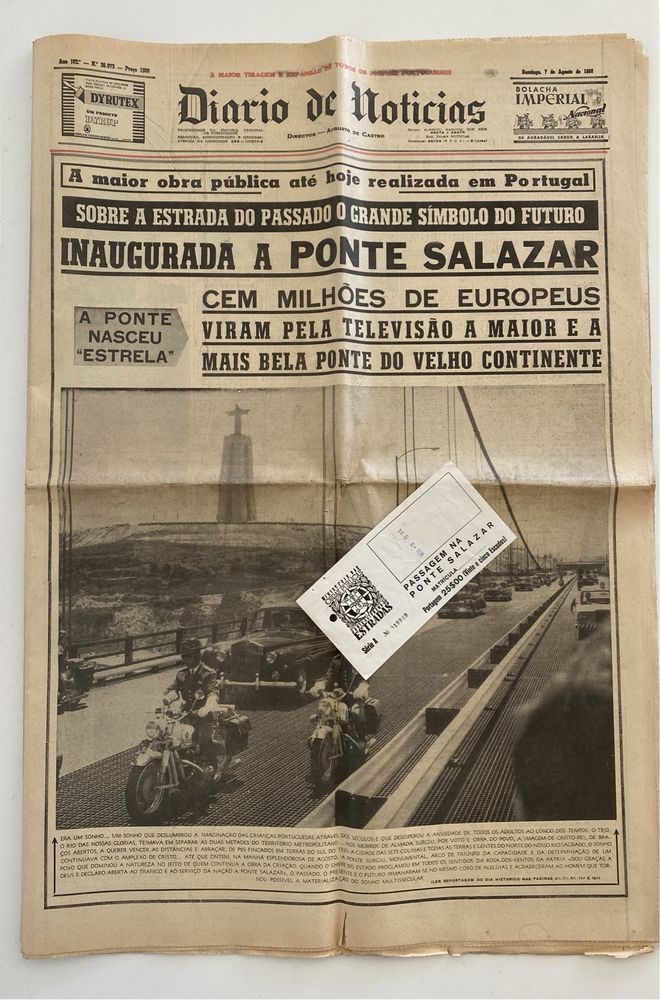 Jornal Diário notícias inauguração Ponte Salazar + Bilhete