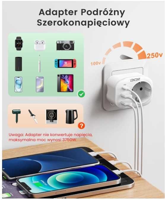 Zestaw 2 adapterów podróżnych USA na EU 4 w 1 QuickCharge LENCENT