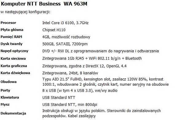NOWY OKAZJA Komputer NTT All-in-One 21,5'' nowy i3-6100