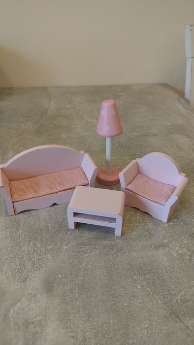 Mebelki dla lalek, fotel sofa stolik kawowy, lampa