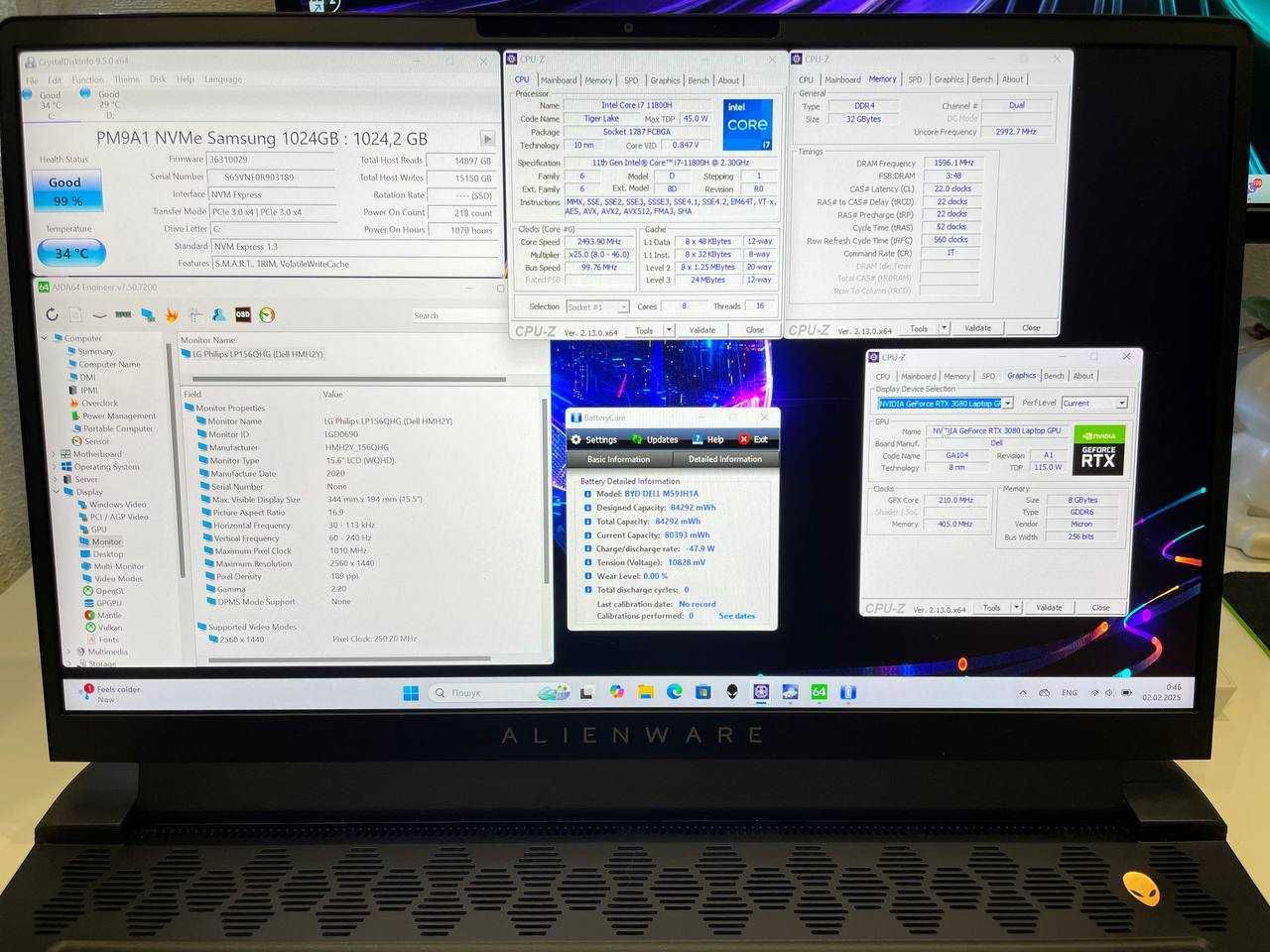 Dell Alienware M15 R6 15.6" i7-11800H 2 TB SSD 32GB DDR4 RTX 3080 QHD