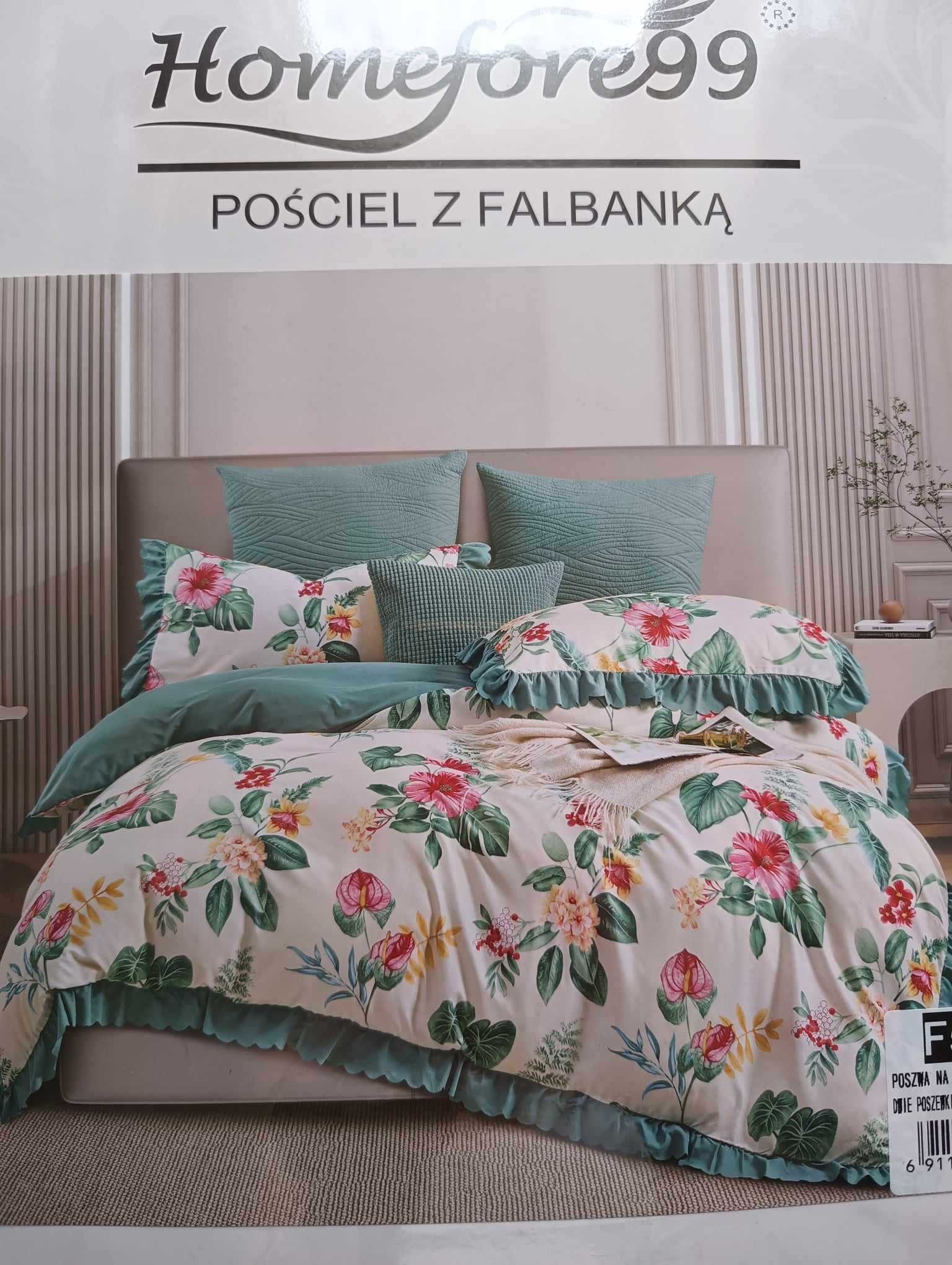 Luksusowa Pościel z Falbanką 160x200,Zestaw na Prezent, Biała,Zielona