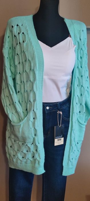 Swetr damski ażurowy mięta z kieszonkami