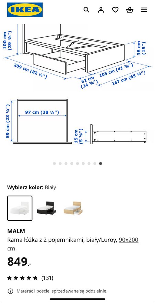 Łóżko MALM z 2 pojemnikami, z materacem 90x200 cm