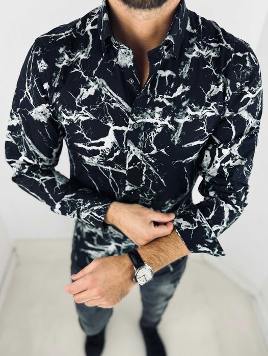 GIOVANNI PERA Koszula męska K015 Czarna/biała marmur