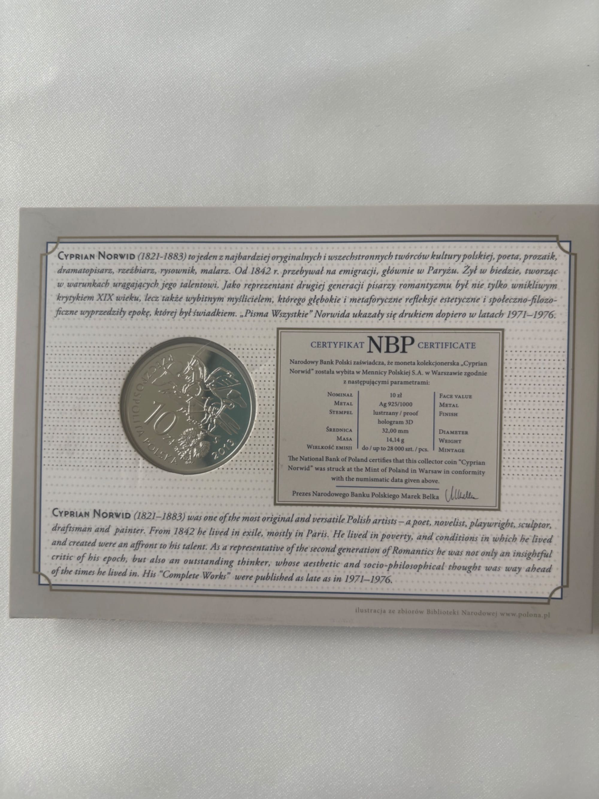 Srebrna moneta „ Cyprian Norwid”