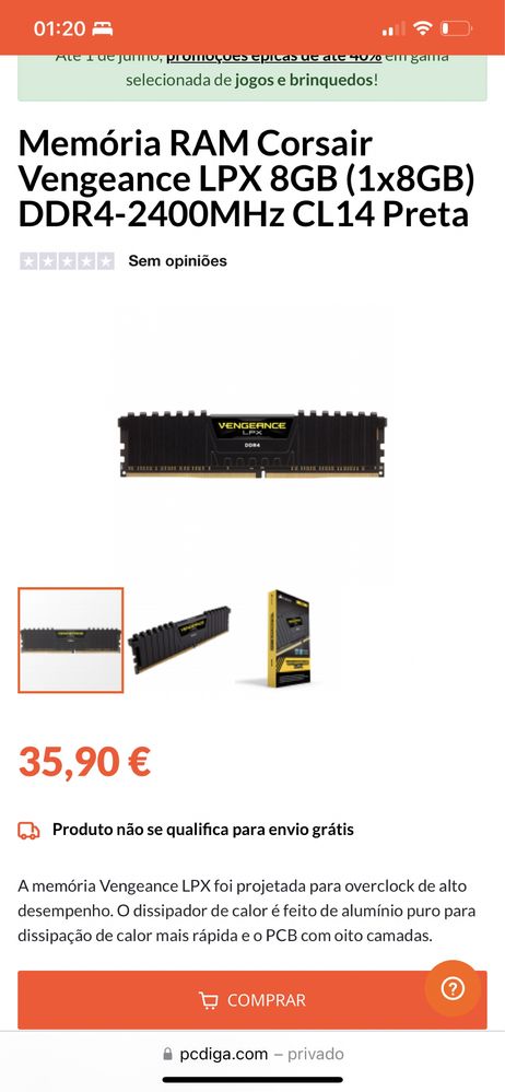 Memória RAM Corsair Vengeance LPX 8GB (1x8GB) DDR4-2400MHz CL14 Preta