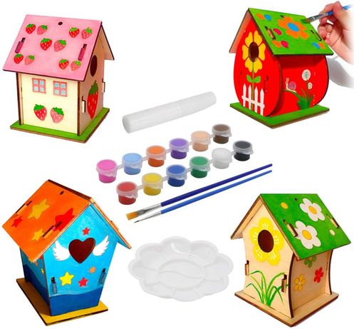 Drewniany domek dla ptaków 4 sztuki zrób to sam dla dzieci DIY #E148