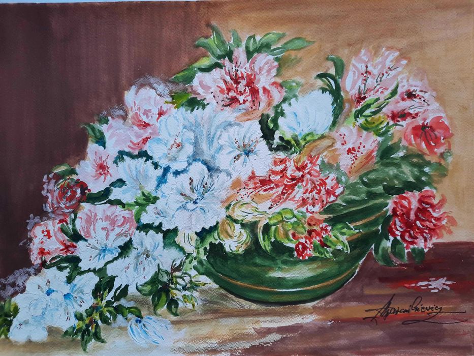 Kwiaty Akwarela sygnowana Martwa natura