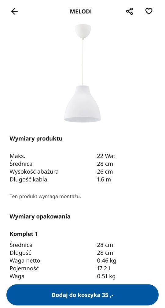 Lampa wisząca ikea melodi biala