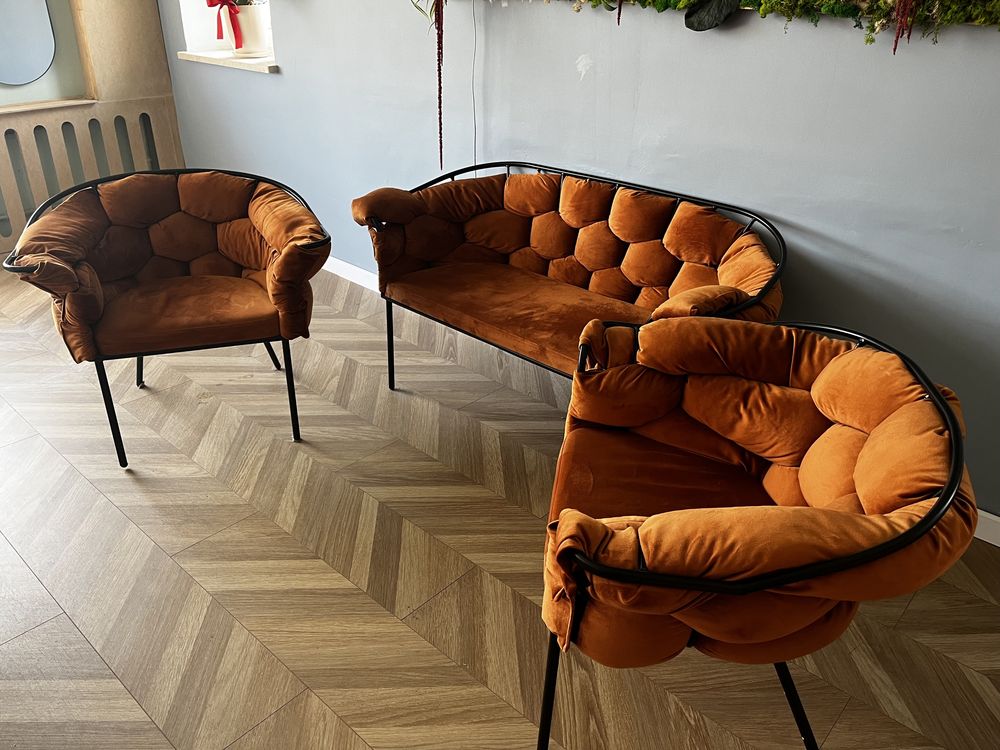 Komplet stylowych mebli kanapa sofa fotel kolor miedziany