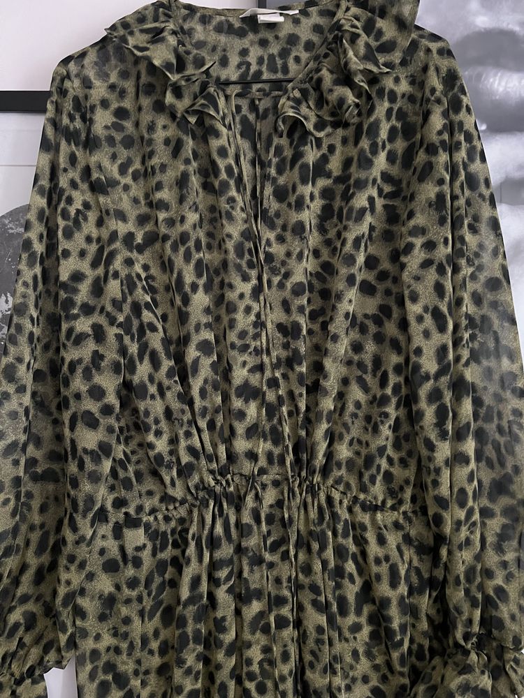 H&M 38 M szyfonowa leopard print midi boho panterka falbanki mgiełka