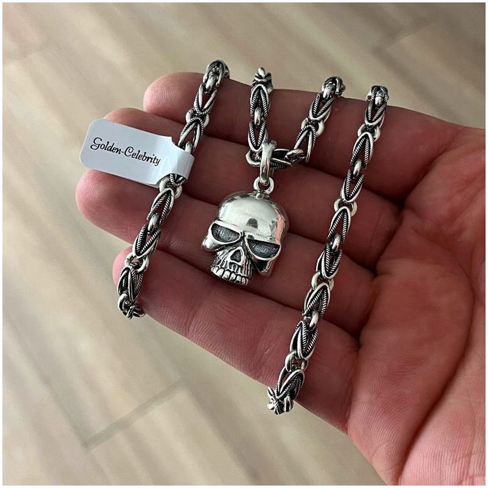 Unikatowy Srebrny Łańcuszek Grecki Wzór Bizantyjski + Zawieszka Czacha