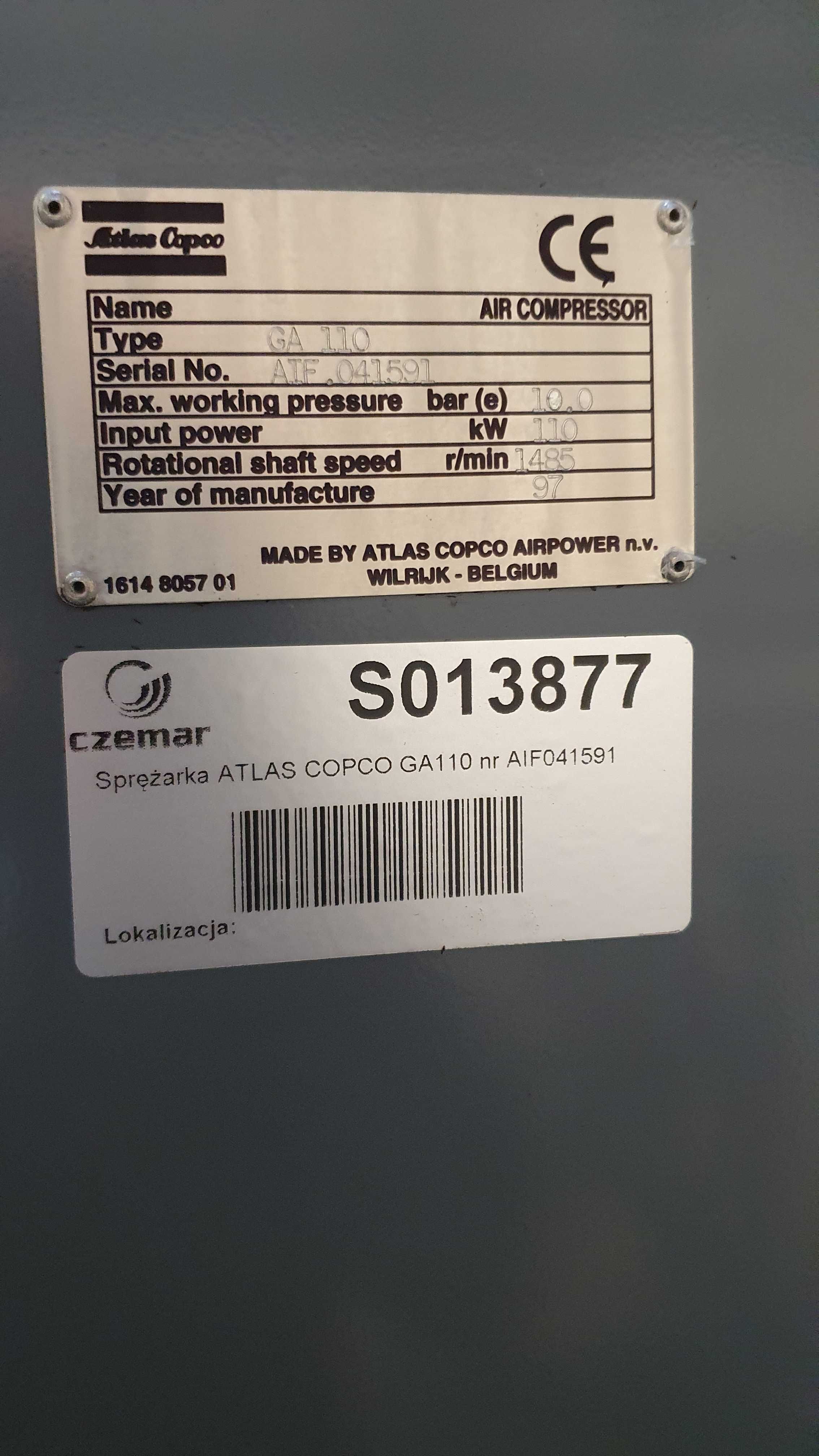 Sprężarka śrubowa ATLAS COPCO GA110, 110kW, 19,8m3/min Sprawna S013877