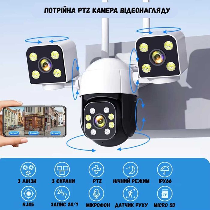 Вулична IP wifi Камера відеонагляду на три лінзи V380 SC05 потрійна
