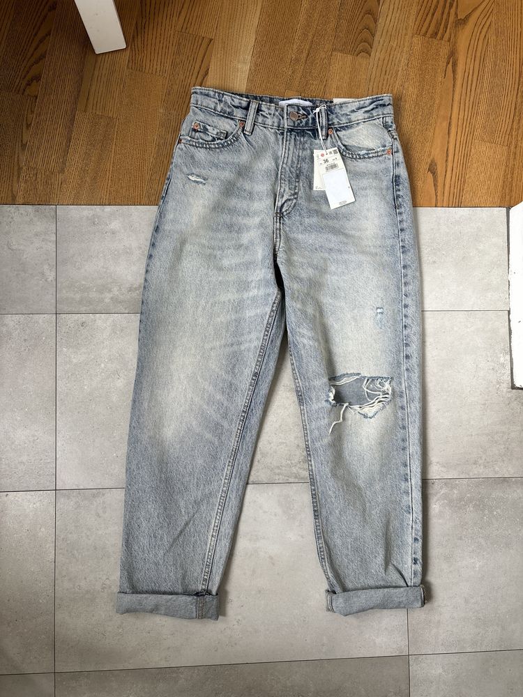 Nowe mom jeans Reserved z rozdarciami jasnoszare 36 S cropped jeans