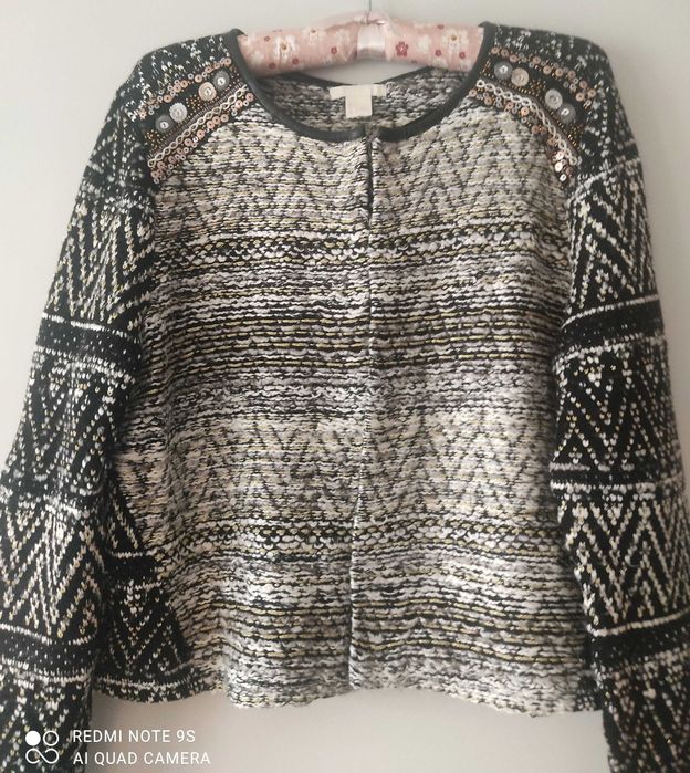 stylowa narzutka żakiet dzianinowy srebrna nitka dżety cekiny H&M r.L