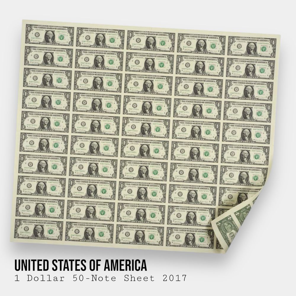 Нерозрізаний лист банкнот 2017 США 1 долар 50шт