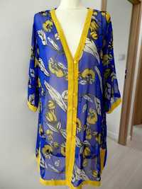 Tunika Sukienka Plażowa Włoska Kimono Narzutka Kobaltowa w Kwiaty XL