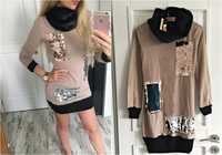 Sweter NOWY golf tunika naszywki roz UNI