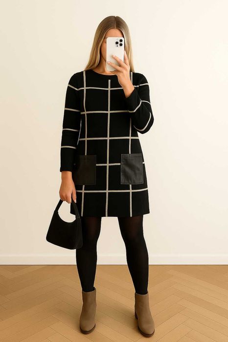 Czarno-biała sukienka w kratę TU z kieszeniami skórzanymi M/L/XL