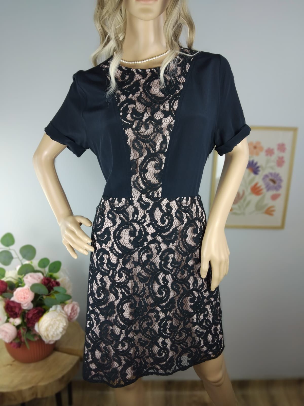 Jedwabna sukienka koronkowa premium 100% jedwab silk elegancka krótka