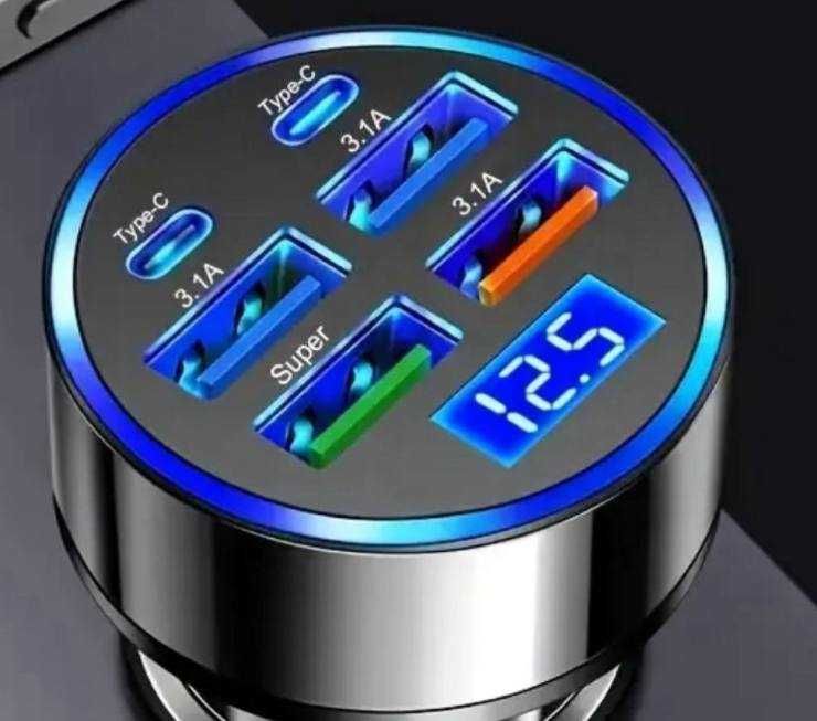 Автомобільне зарядне в прикурювач 40w USB та USB C розєми дисплей