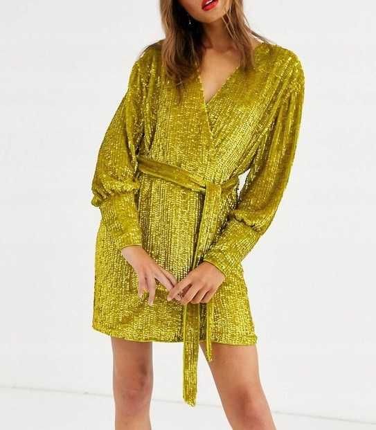 Asos Złota Sukienka Cekinowa Kopertowa Szlafrokowa Wiązana Ekskluzywna