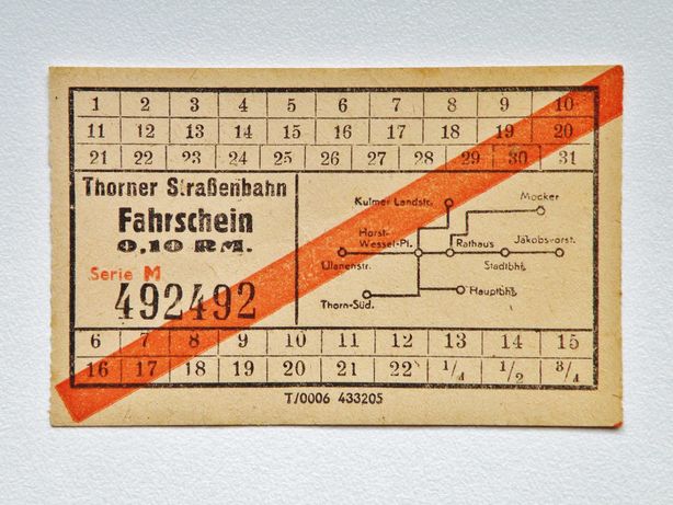 Bilet tramwajowy, Toruń '1943-44 rok, przed wysadzeniem mostu, seria M