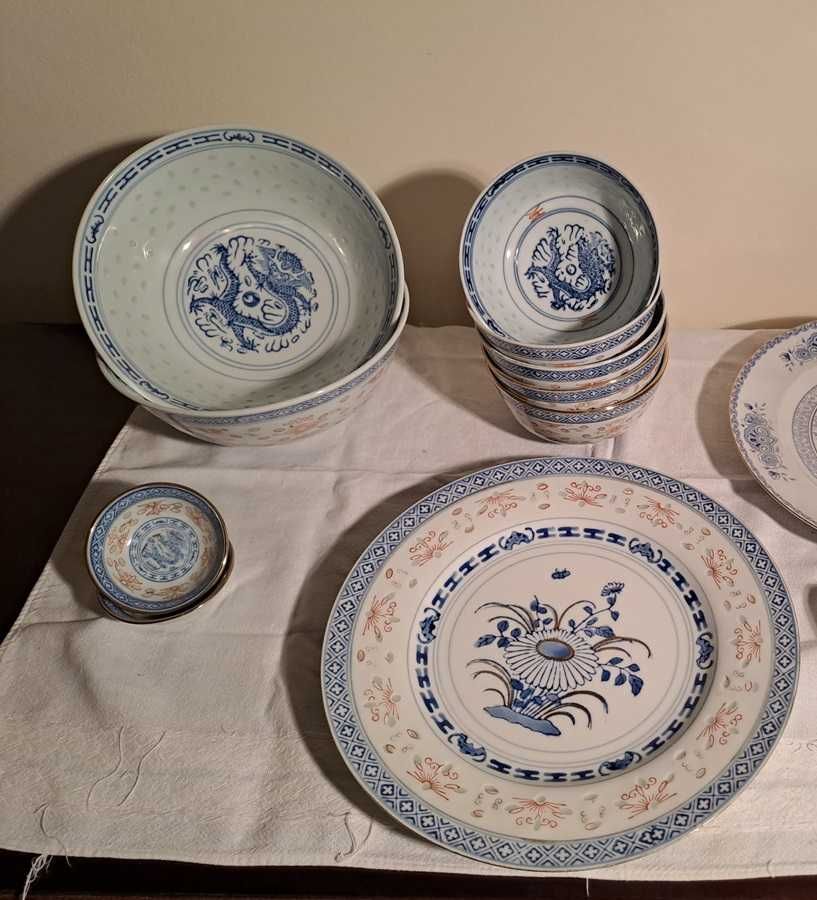 Conjunto 12 peças porcelana chinesa - padrão «bago de arroz»