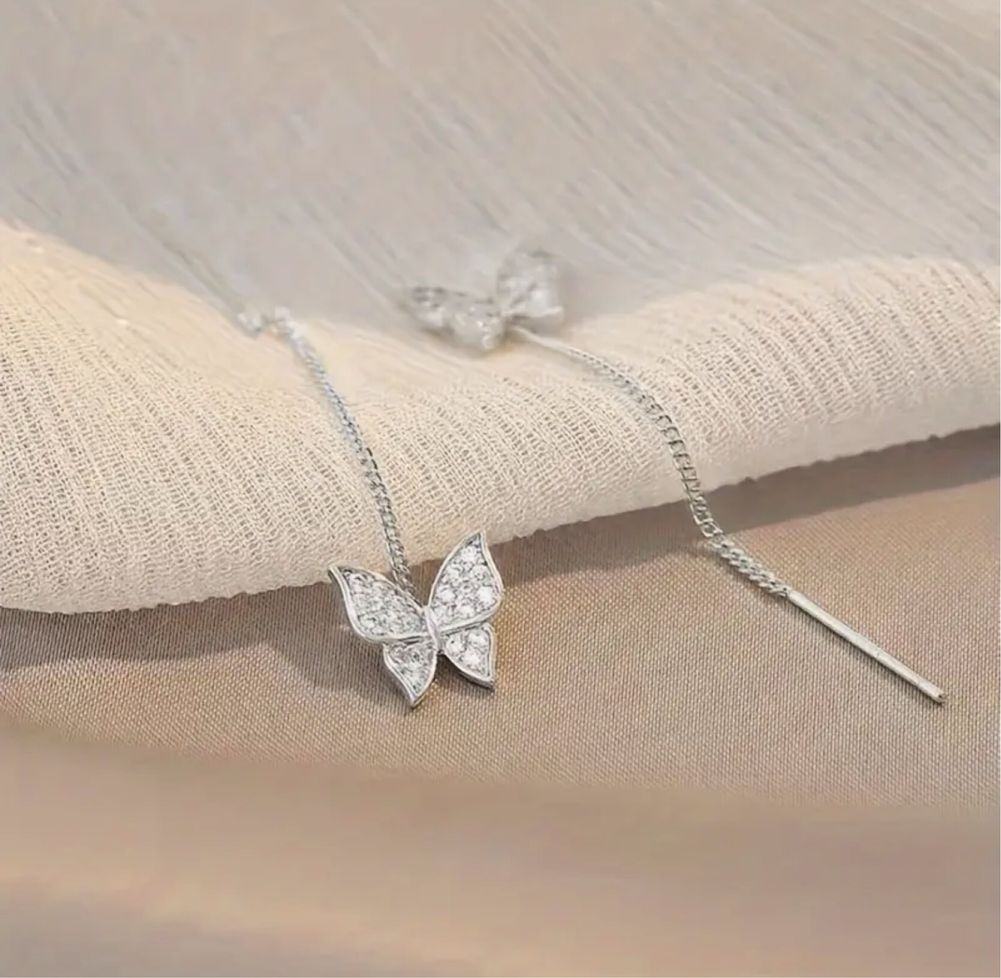 Серьги сережки шикарные гвоздики бабочки с цепочкой