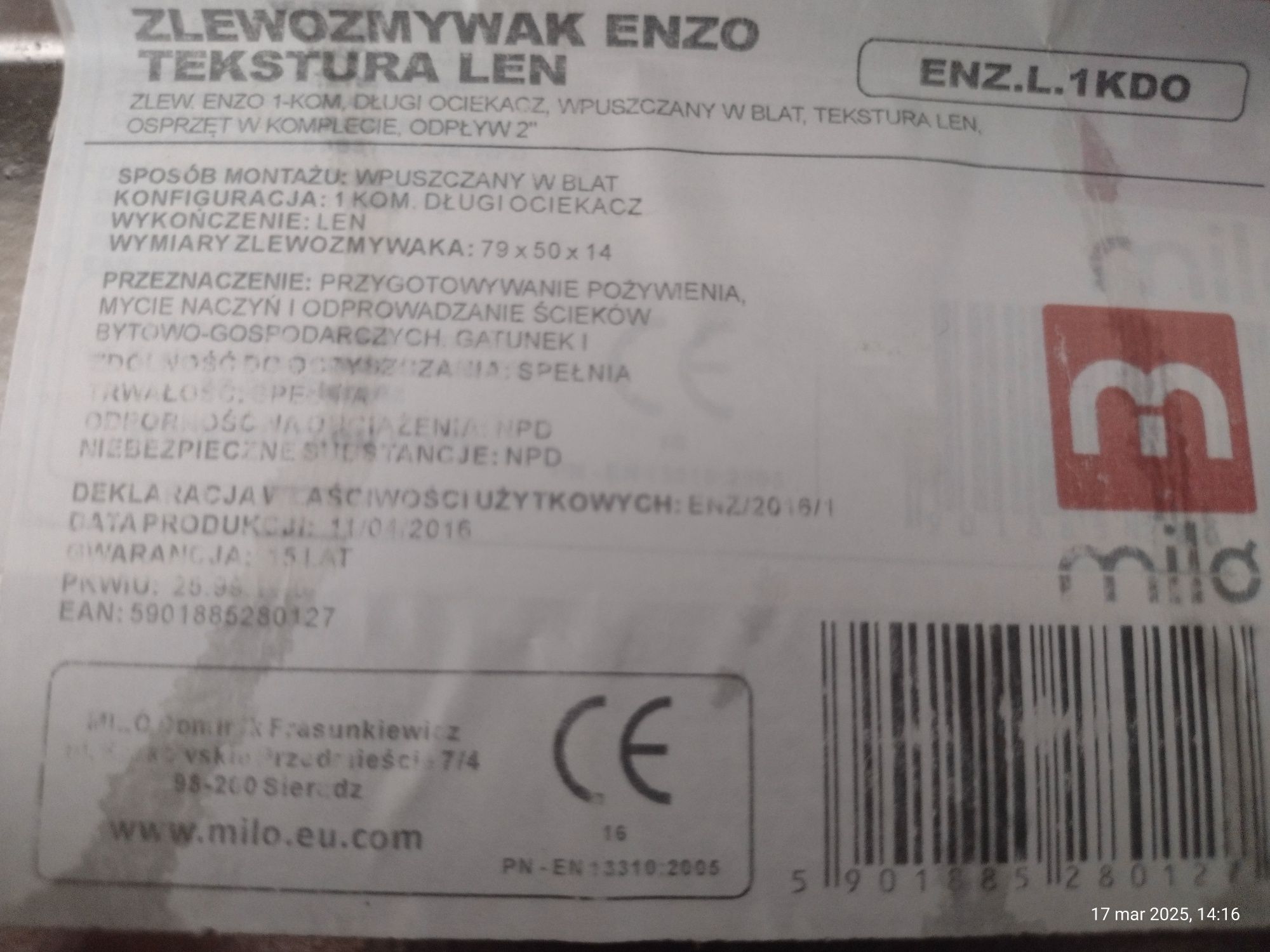 Zlewozmywak jednokomorowy z ociekaczem 80x50