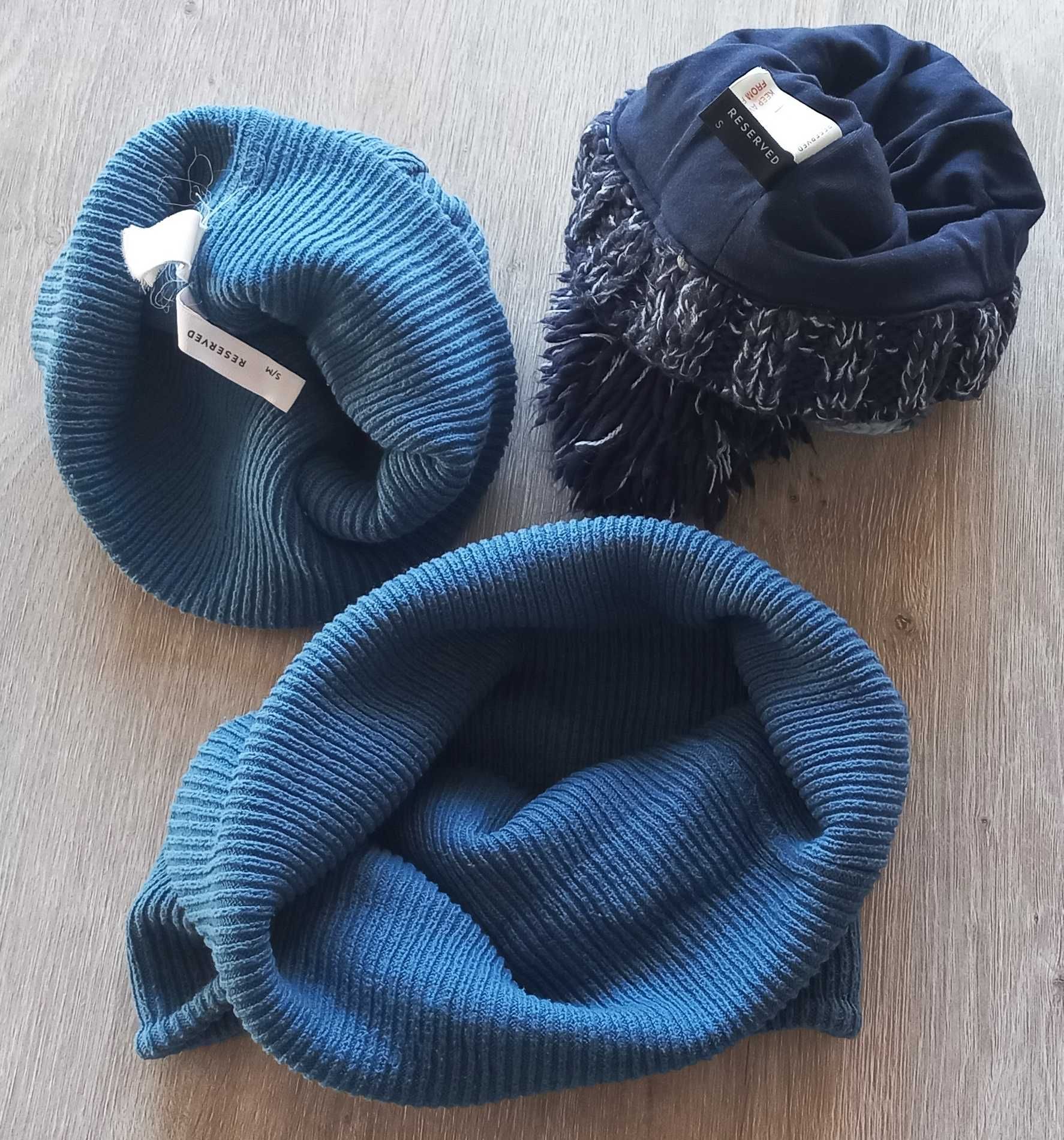 Niebieski komplet zimowy niebieska 2 x czapka + komin Reserved 116-128
