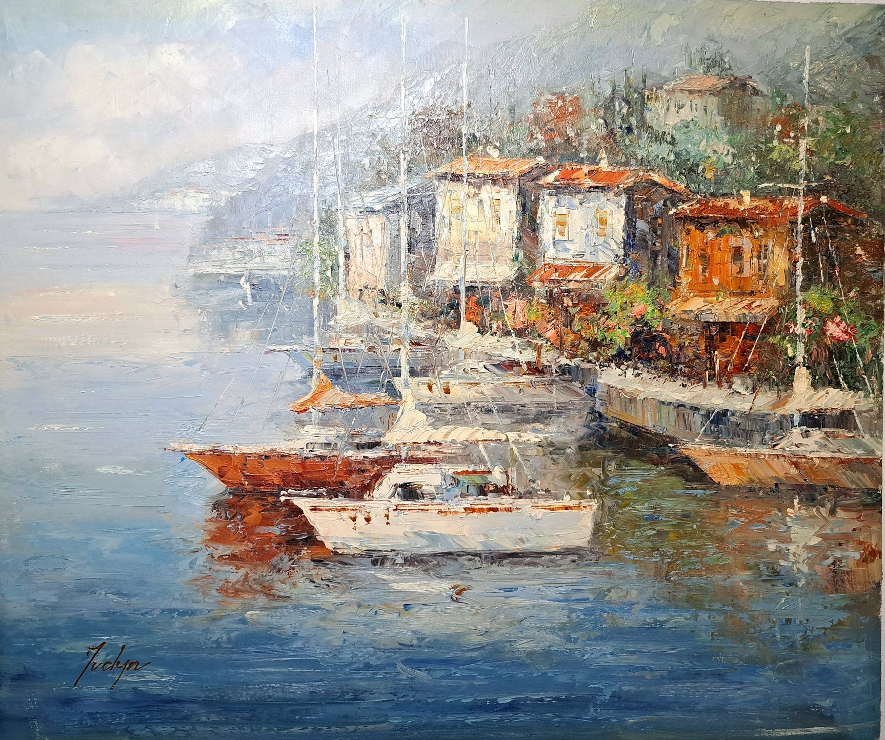 Przystań pejzaż śródziemnomorski obraz olejny na płótnie 50cm x 60cm