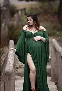 Suknia do sesji ciążowej z rozcięciem zielona butelkowa zieleń M L